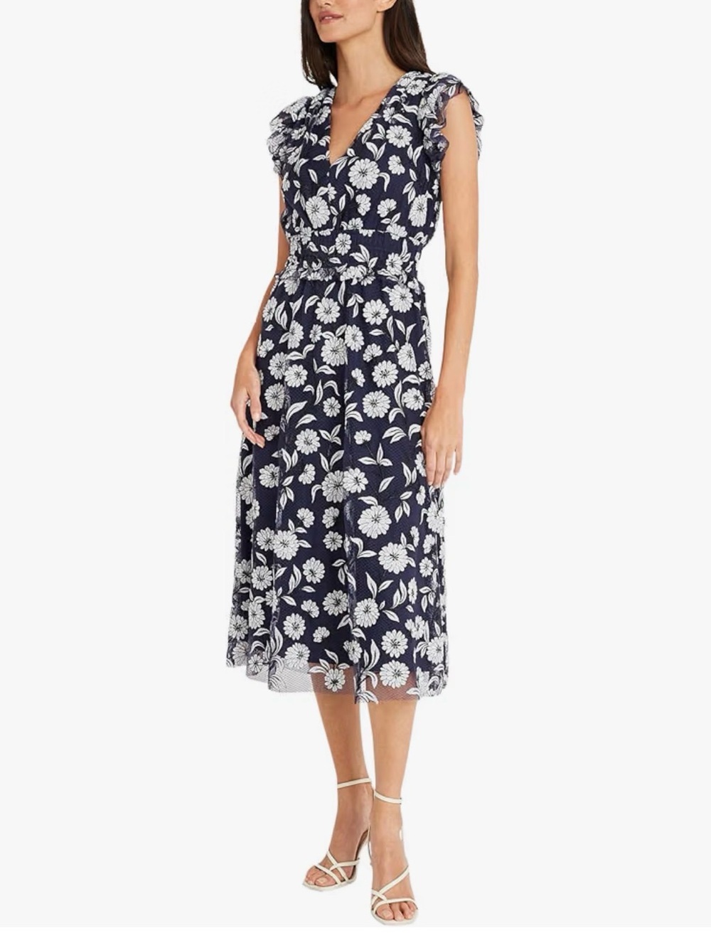 Maggy London Navy & White Floral Lace-Trim Midi Dress